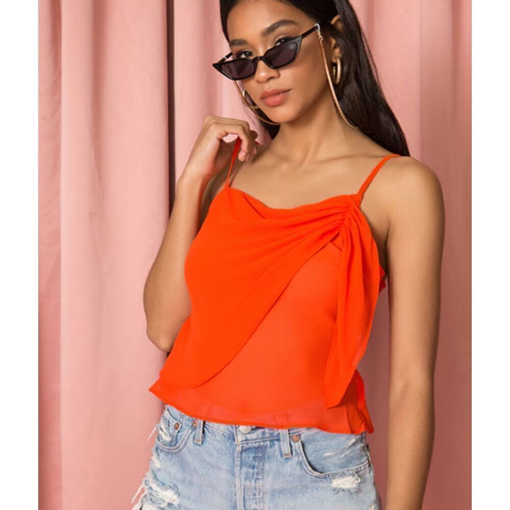 Superdown Abbey Ruched Draped Cami Adjustable Straps Orange Draped‎ Size Large